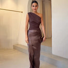 Diagonal Collar Backless Sheath Casual Dress Dark Brown