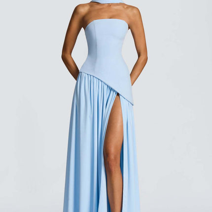 Sexy Backless Tube Top Split Dress Light blue