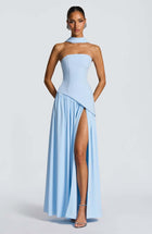 Sexy Backless Tube Top Split Dress Light blue