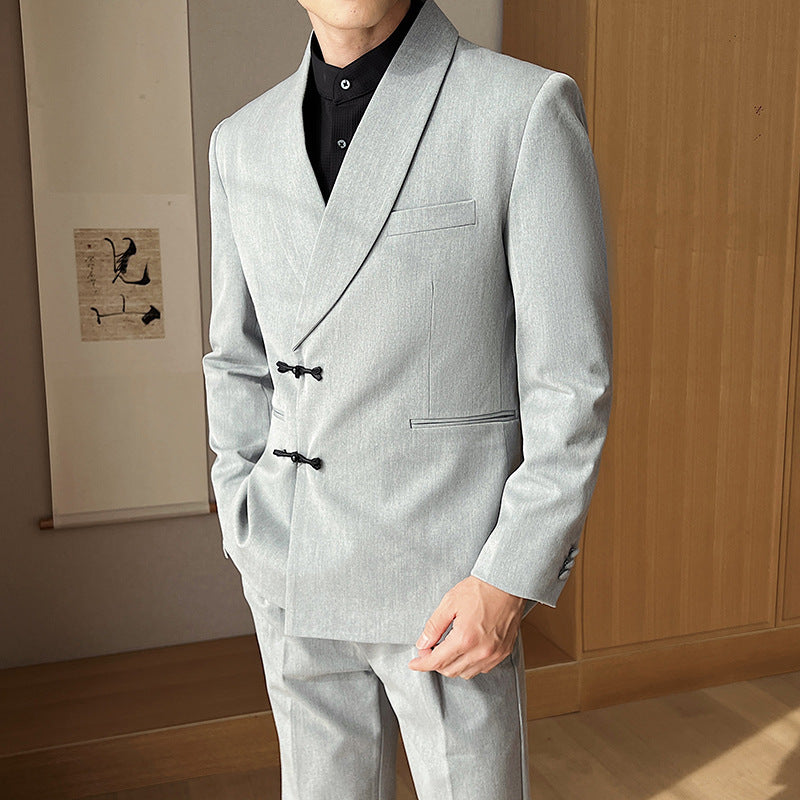 Men's Retro Collar Suit Two-piece Set Gray Unlined Top