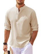 Men's Casual Shirt Long Sleeve Stand Collar Shirt Khaki H