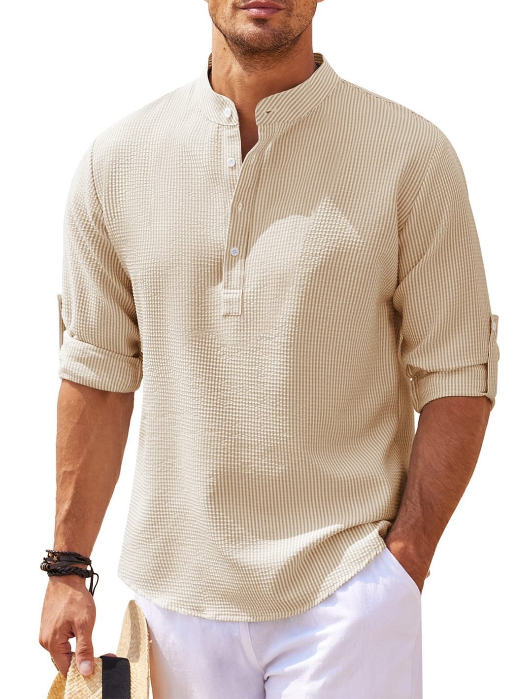 Men's Casual Shirt Long Sleeve Stand Collar Shirt Khaki H