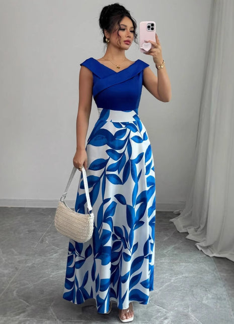 Women's Versatile Printed V-neck Dress Blue