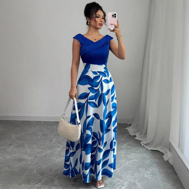 Women's Versatile Printed V-neck Dress Blue