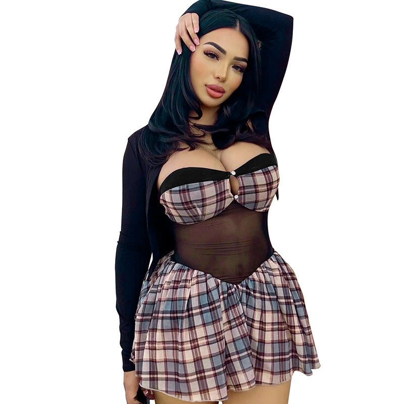 Women's Wear Retro Plaid Off-shoulder Dress Blue S