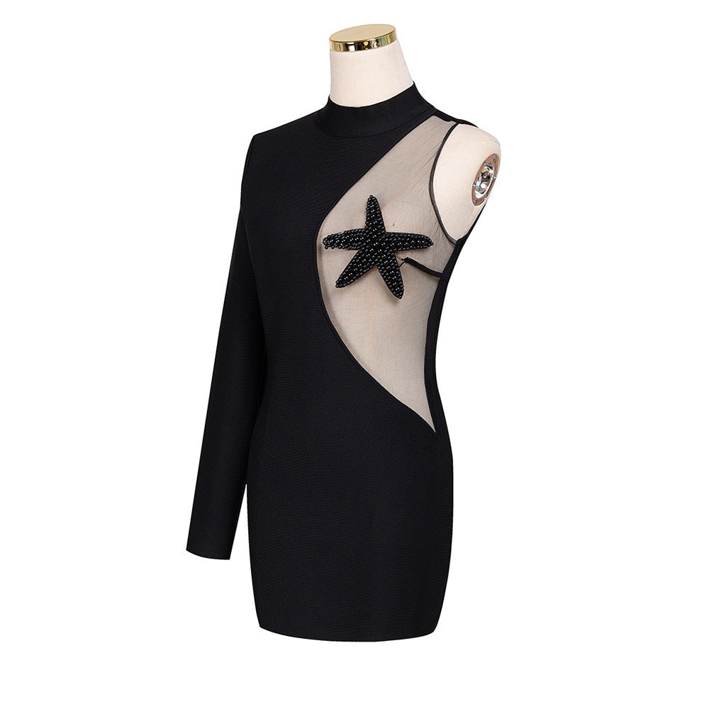 Mesh Five-pointed Star Beaded Bandage One-piece Dress
