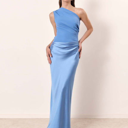 Diagonal Collar Backless Sheath Casual Dress sky blue