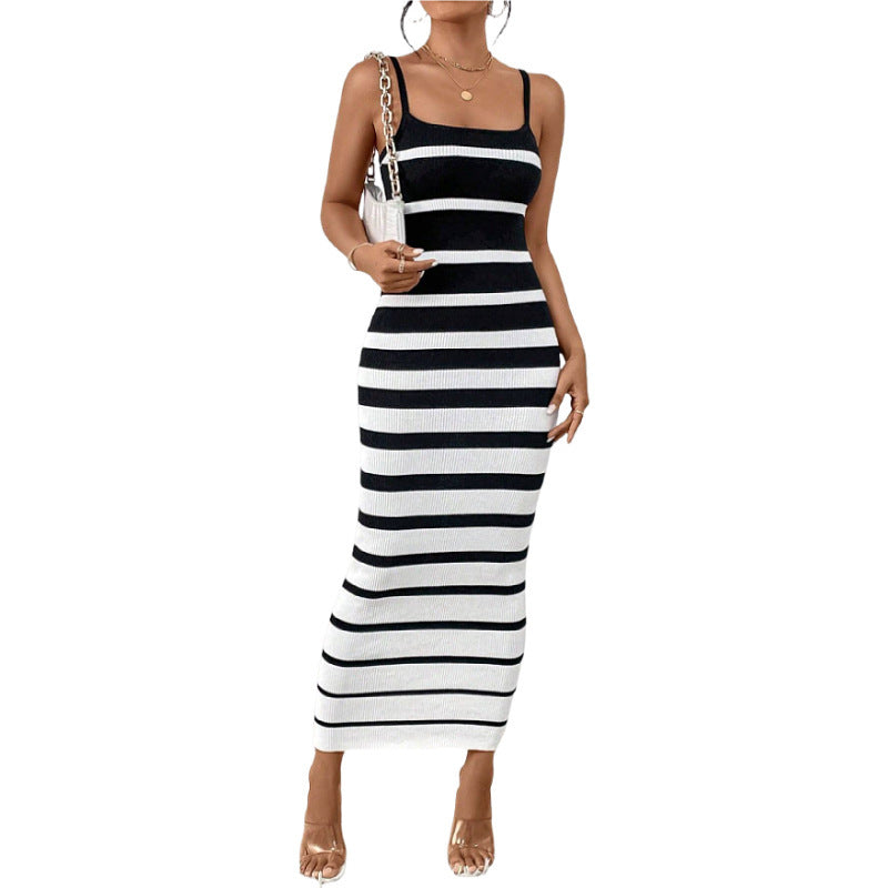 Women's Hot Girl Striped Spaghetti Straps Hip Dress