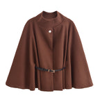 New Batwing Sleeves Cloak Top With Belt Jacket Woolen Brown