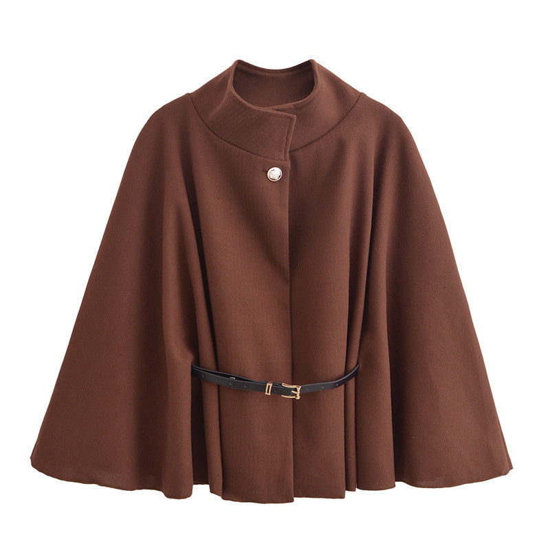 New Batwing Sleeves Cloak Top With Belt Jacket Woolen Brown