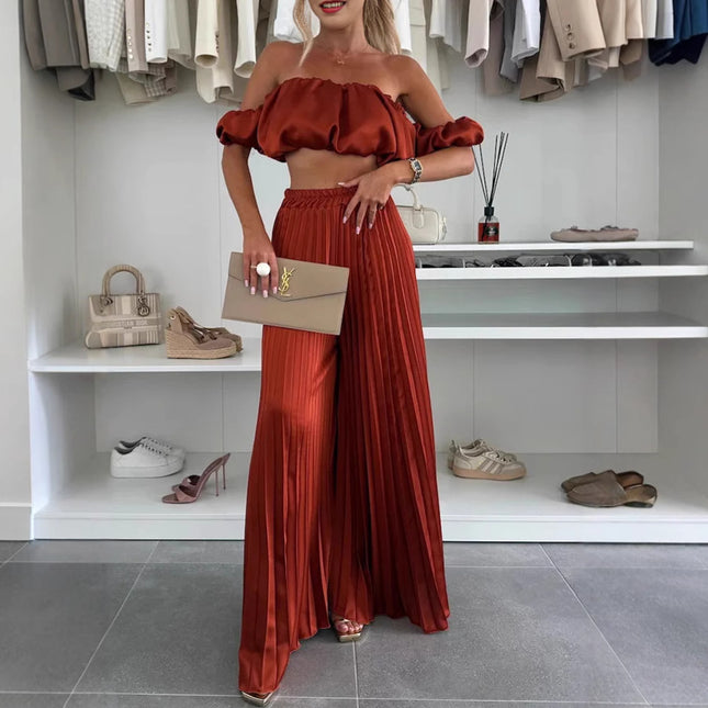 Women's Satin Tube Top Wide Leg Pants Suit