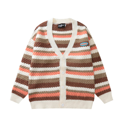 Knitted Striped Crochet Women's Sweater Brown