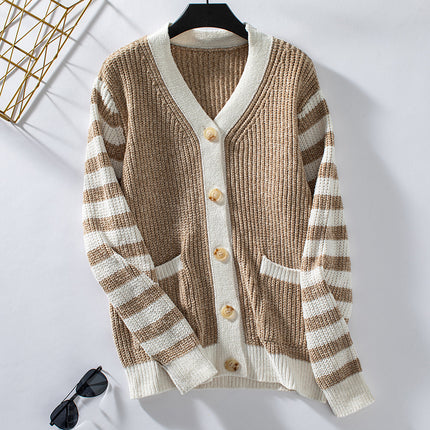 Women's Striped Loose Button Sweater Khaki