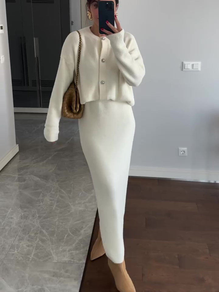 SS Cardigan & Skirt Suit White