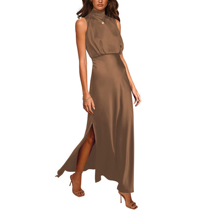 Women's Satin Stand Collar Sleeveless Maxi Dress | 7 Colours Caramel Color