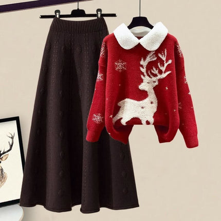 All-matching Knitted Sweater Skirt Two-piece Set red suit 3