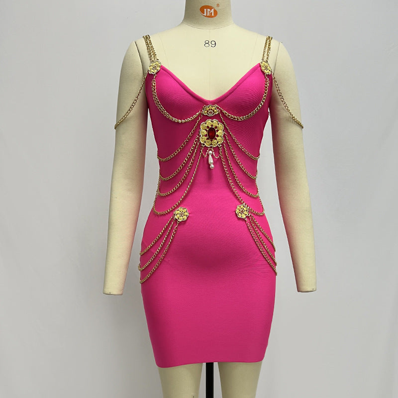 Women's Gold Chain Bandage One-piece Dress Pink