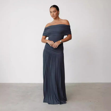 Off-shoulder Pleated Versatile Dress Navy Blue