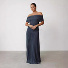 Off-shoulder Pleated Versatile Dress Navy Blue