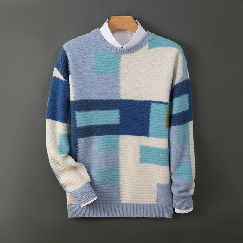 Cashmere Sweater Loose Round Neck Multicolor Blue