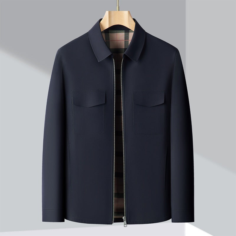 Men’s Collar Straight Zipper Jacket Navy Blue