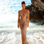 Elegant Golden Off-shoulder Backless Slim Fit Pleated Floor Dress Desert Gold