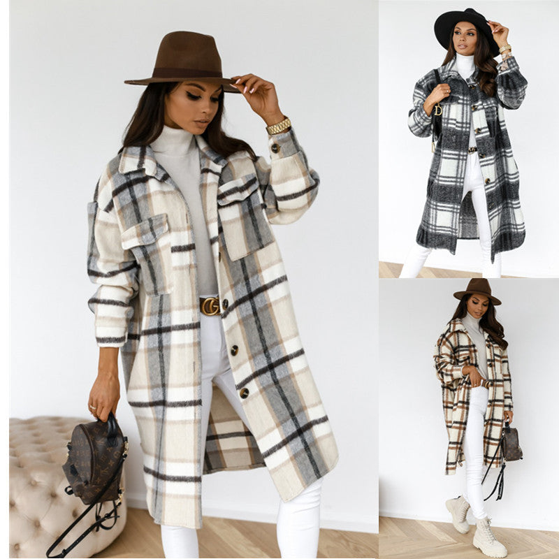Women’s Button Lapel Casual Warm Plaid Long Woolen Coat Khaki B