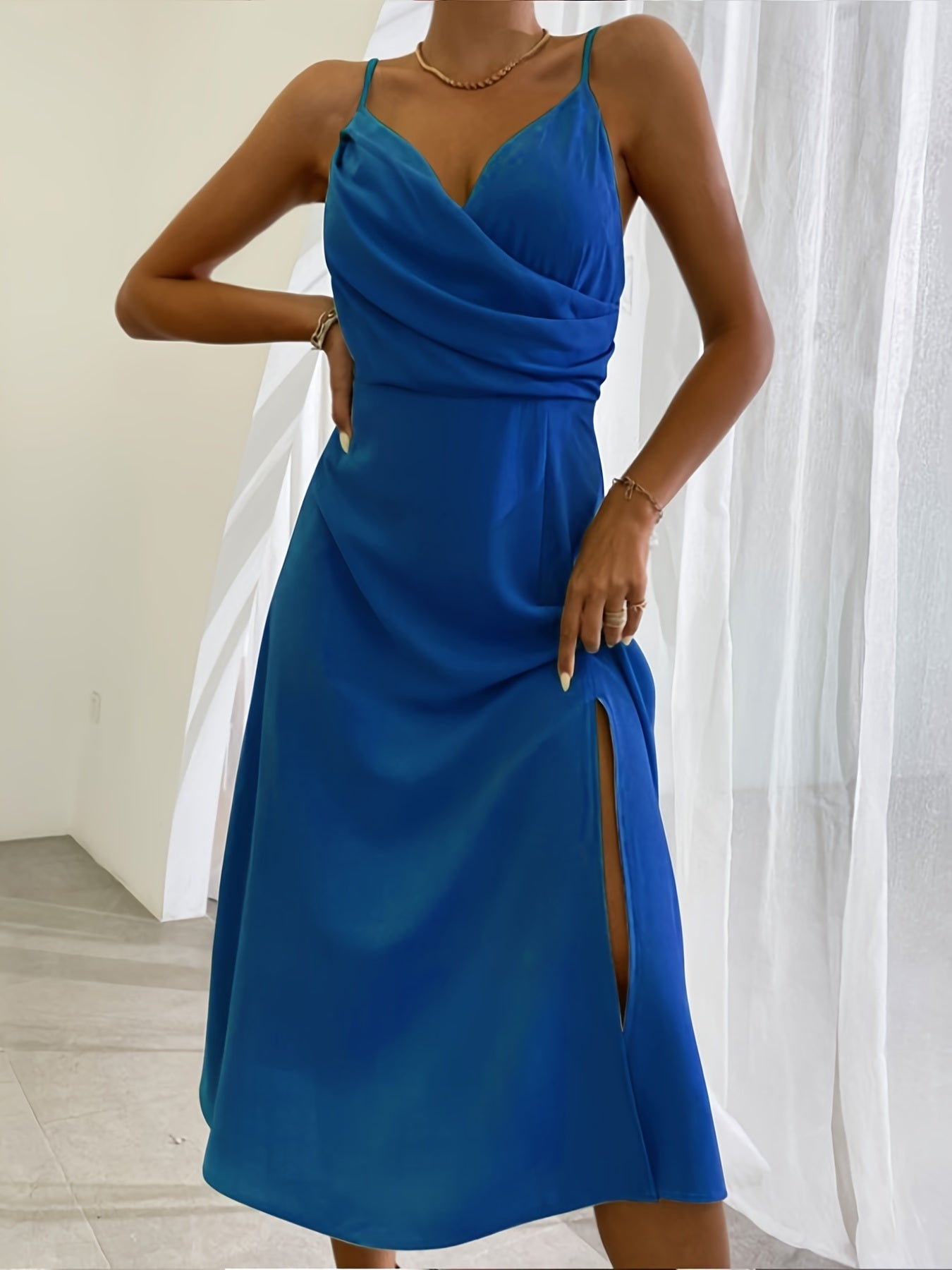 Slit Sling Summer Suspender Dress Blue