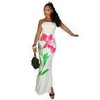 Women’s Printed Contrast Color Backless Long Tube Top Length Dress