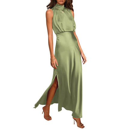 Women's Satin Stand Collar Sleeveless Maxi Dress | 7 Colours