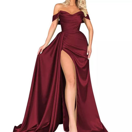 Banquet High Slit Sexy Host Off-shoulder Party Evening Dress Wine red