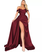 Banquet High Slit Sexy Host Off-shoulder Party Evening Dress Wine red
