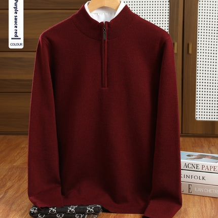 Men's Half Zipper Worsted Wool Sweater Wine red
