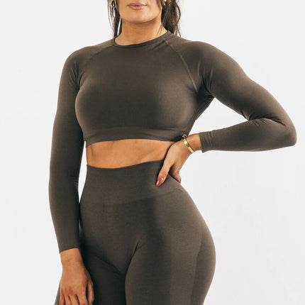 Seamless Yoga Long-sleeved Top Tight Quick Dry Hygroscopic Suit For Women Brown