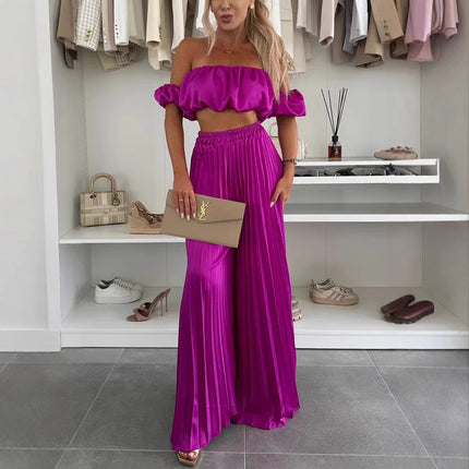 Women's Satin Tube Top Wide Leg Pants Suit