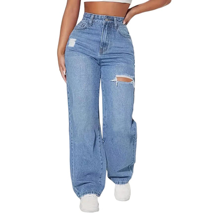 Ladies Washed Hole Denim Trousers