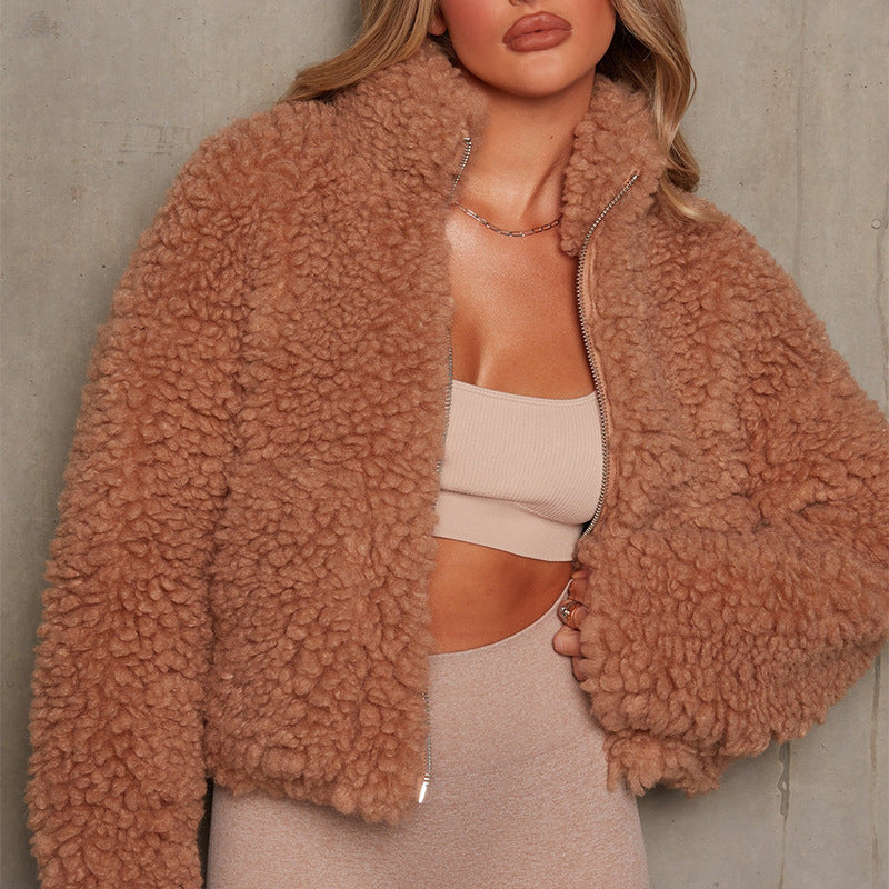 Women’s Short Jacket Lamb Wool Coat Brown