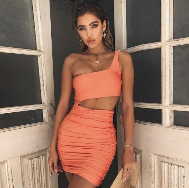 Slim One-shoulder Short Dress Orange