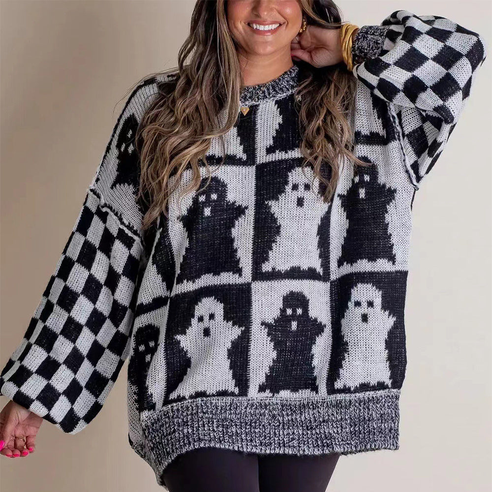 Halloween Cartoon Ghost And Checkerboard Sweater Black white