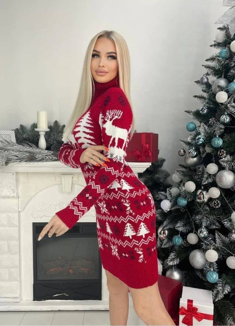 Women's Elk Christmas Tree Jacquard Long Dress Sweater Red High collar