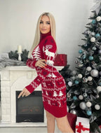 Women's Elk Christmas Tree Jacquard Long Dress Sweater Red High collar