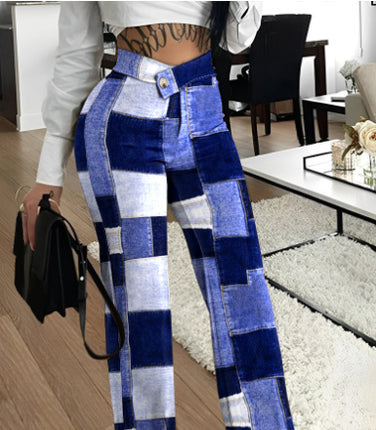Velvet Striped Casual Women's Pants Blue