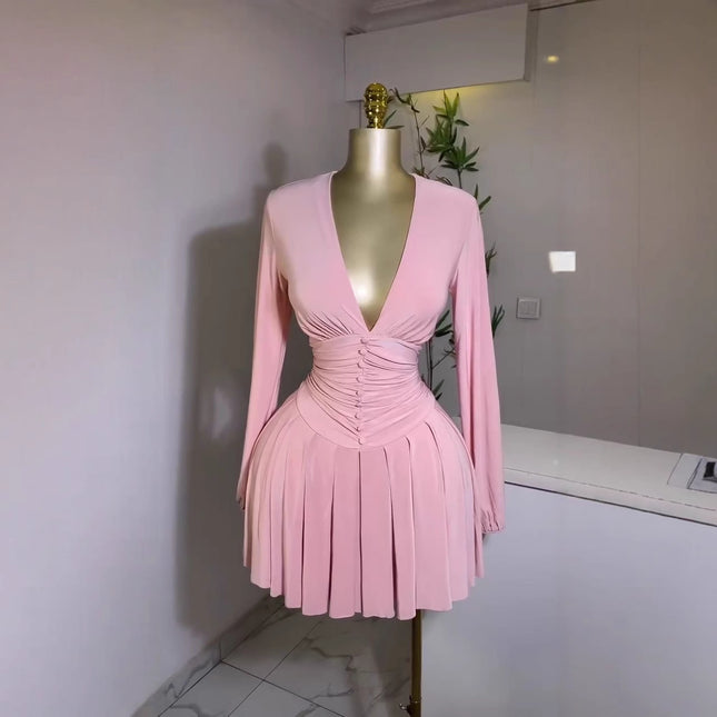Women's French-Style Puff Sleeve V-Neck Mini Dress | 6 Colours