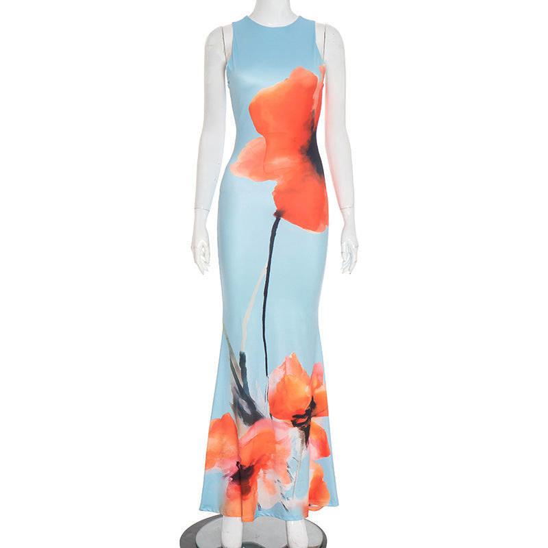 Women's Elegant Floral Print Dress Blue