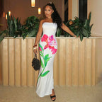 Women’s Printed Contrast Color Backless Long Tube Top Length Dress