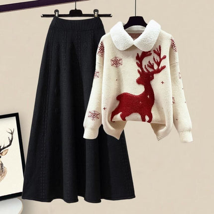 All-matching Knitted Sweater Skirt Two-piece Set white suit 2