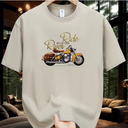 Men's Fashion Casual Motorcycle Pattern Printed T-shirt Light Gray