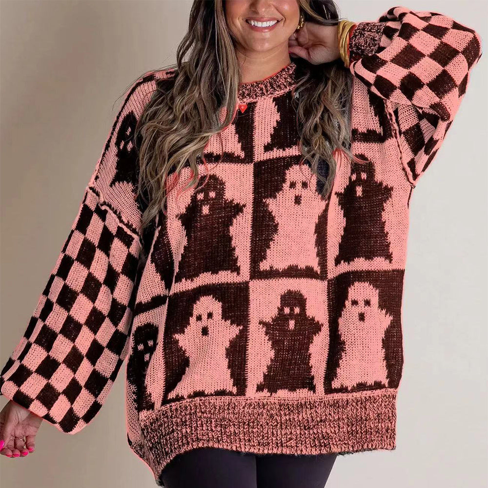 Halloween Cartoon Ghost And Checkerboard Sweater Pink