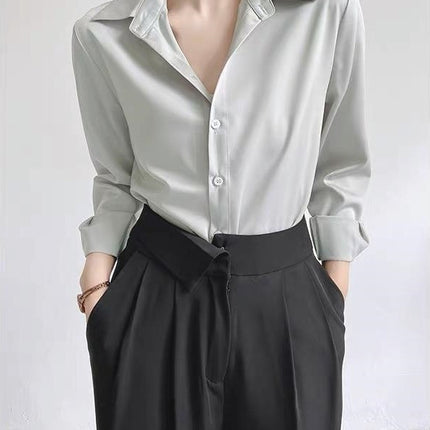 Women's Green Satin Shirt Light Silver Gray
