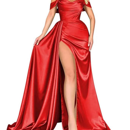 Banquet High Slit Sexy Host Off-shoulder Party Evening Dress Red